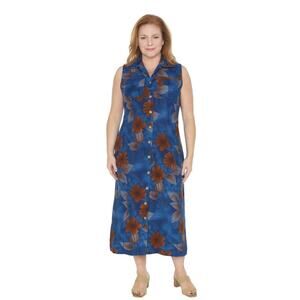 Vintage Bill Blass Women's Linen Blend Floral Button Down Midi Dress Blue Size 8